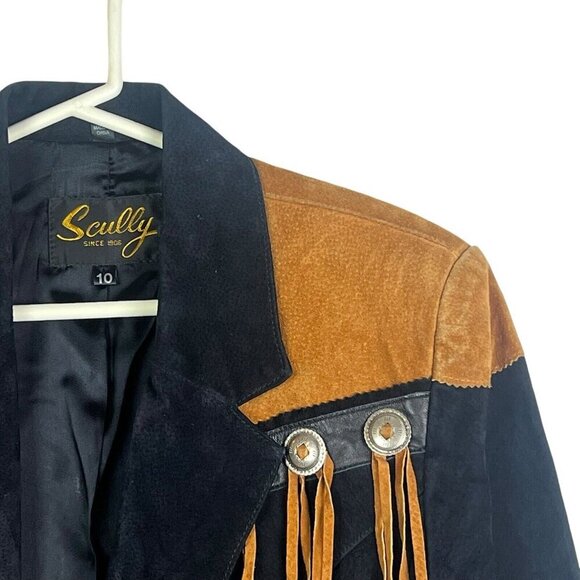 VTG Scully Jacket Womens Sz 10 Black Brown Fringe Suede Leather Jacket Western - Picture 4 of 16